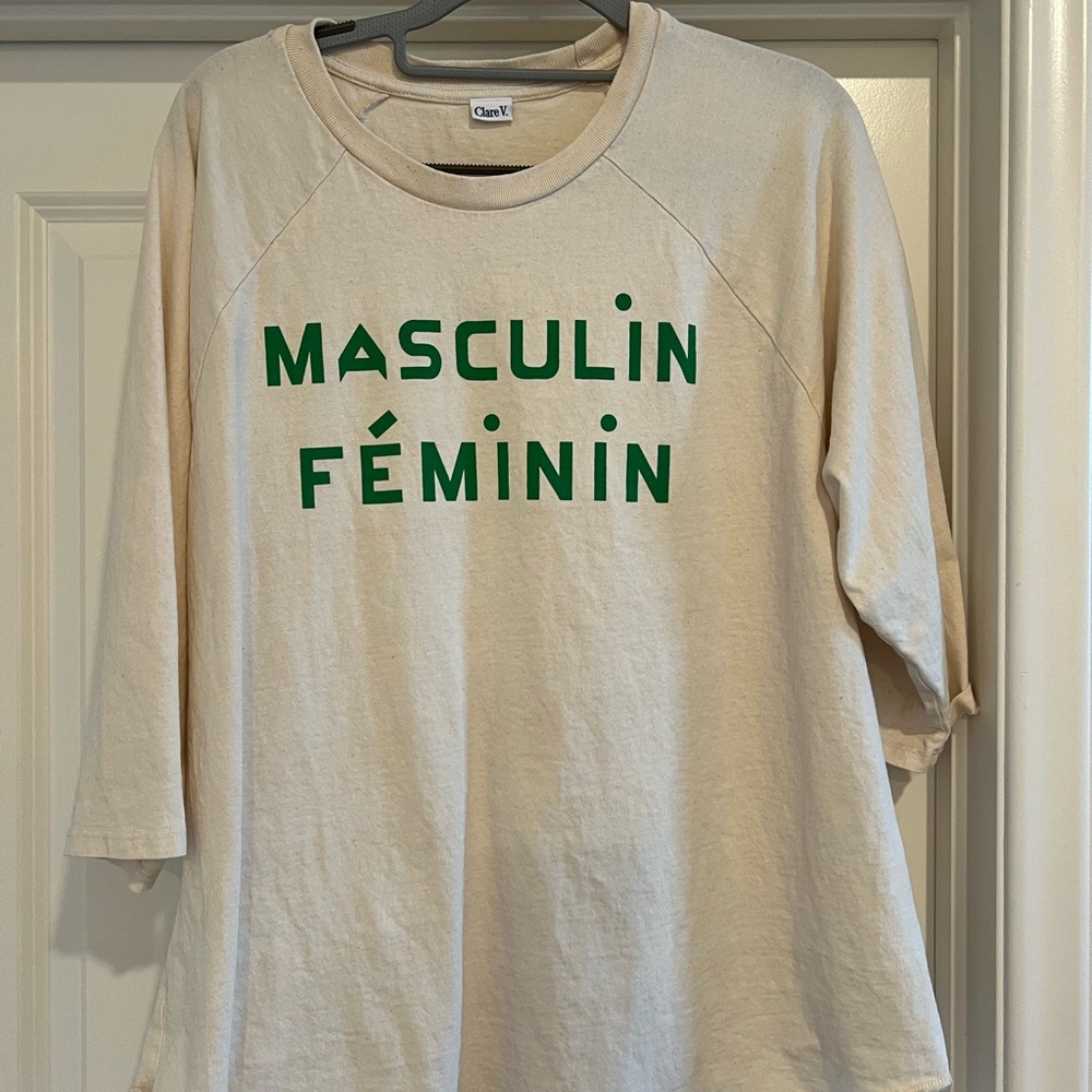 Clare V Cream and Green Relaxed 3/4 Sleeve Tee